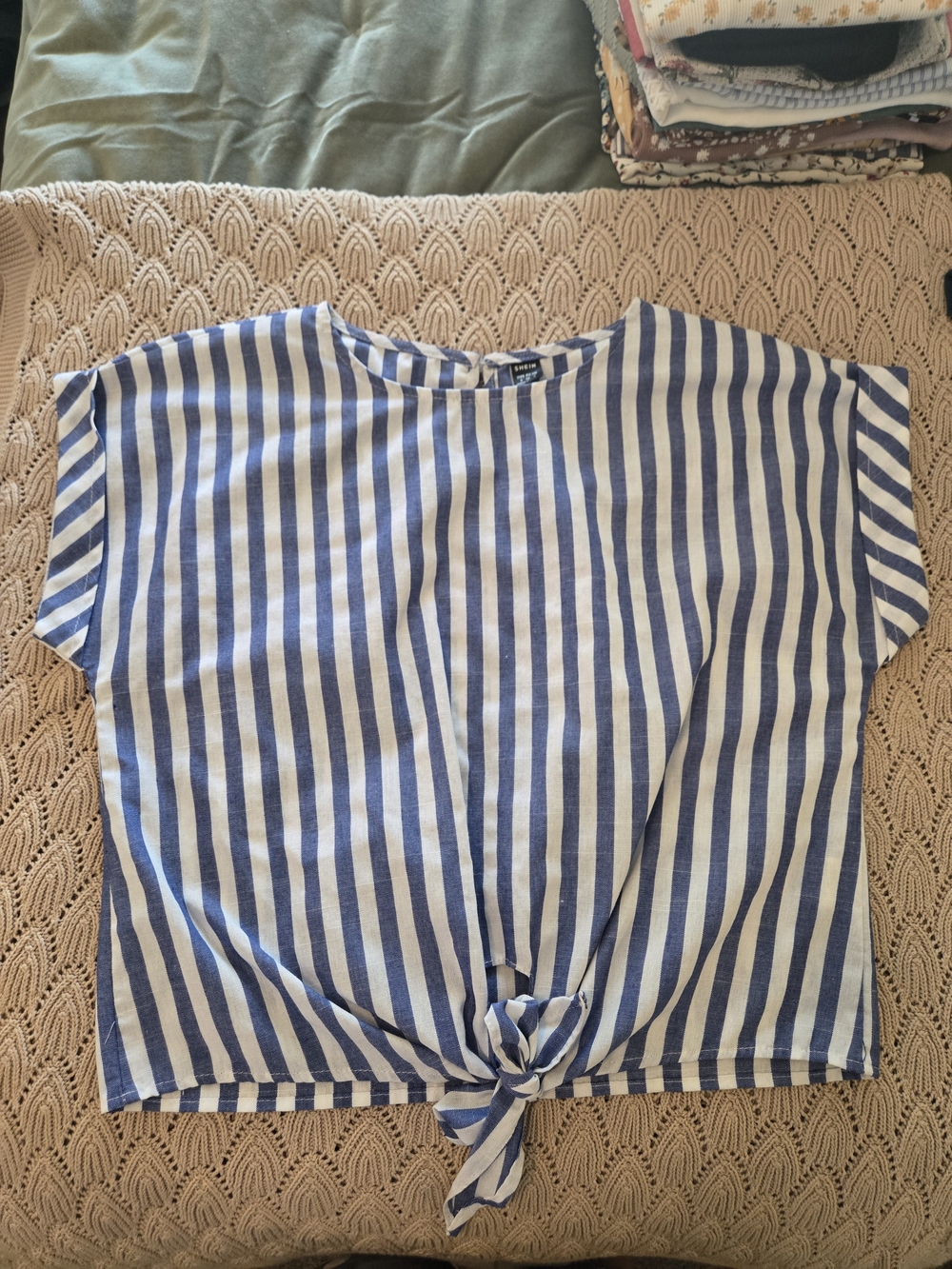 SHEIN Blue and White Striped Tie-Front Crop Top